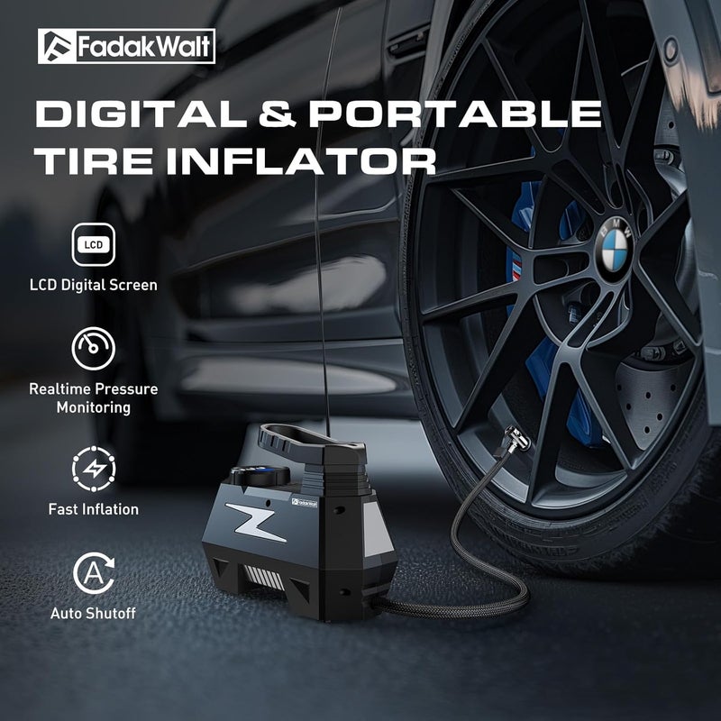 FADAKWALT Tire Inflator Portable Air Compressor, DC 12V Tire Air Pump with LED and 150PSI Digital Pressure Gauge, Portable Tire Inflator for Car Tires, Motorcycles, Bike, Ball (Silver) - Image 2